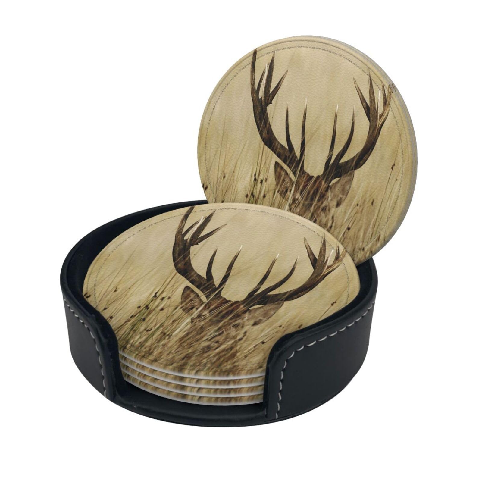 Whitetail Deer Fawn In Wilderness Stag Coasters For Drinks Set Of 6, Round Leather Coaster With Holder Drink Coffee Cup Mat Tea Pad Table Pad For Mugs And Cups