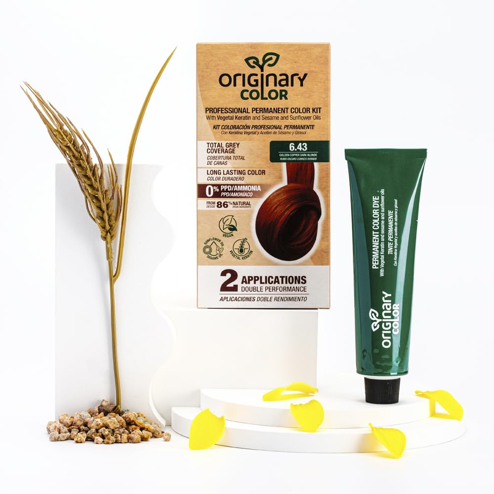 Originary Color - Kit de Coloración Profesional Permanente, Color 6-43 Rubio Oscuro Cobrizo Dorado 100 ml + Crema Oxidante 100 ml + Champú 30 ml | Fórmula sin amoniaco y sin PPD.