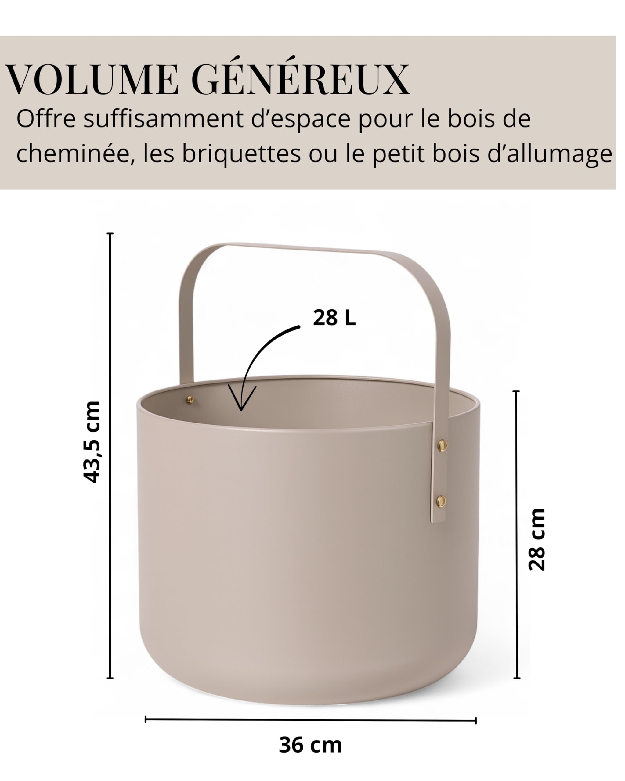 LIVLIG Panier à bûches métal design 36 x 44 cm beige mat - Accessoire cheminée rangement