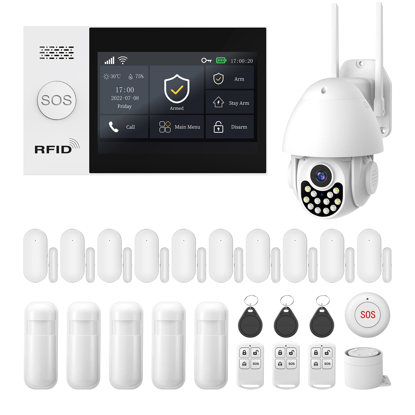 Sistema di allarme per la sicurezza domestica con telecamera, sistema di sicurezza wireless con schermo fulltouch wireless da 4,3' compatibile con Alexa e Google per la casa, piatto