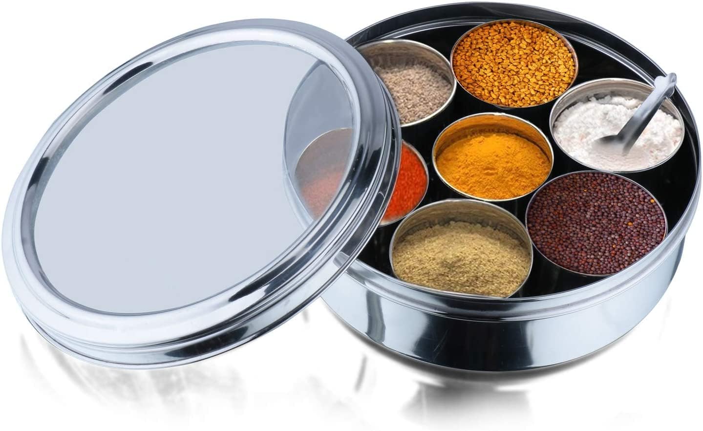 Vinod Stainless Steel Masala Dabba, Spice box, 7 Compartments with Lid, 8 inch Diameter, See-through