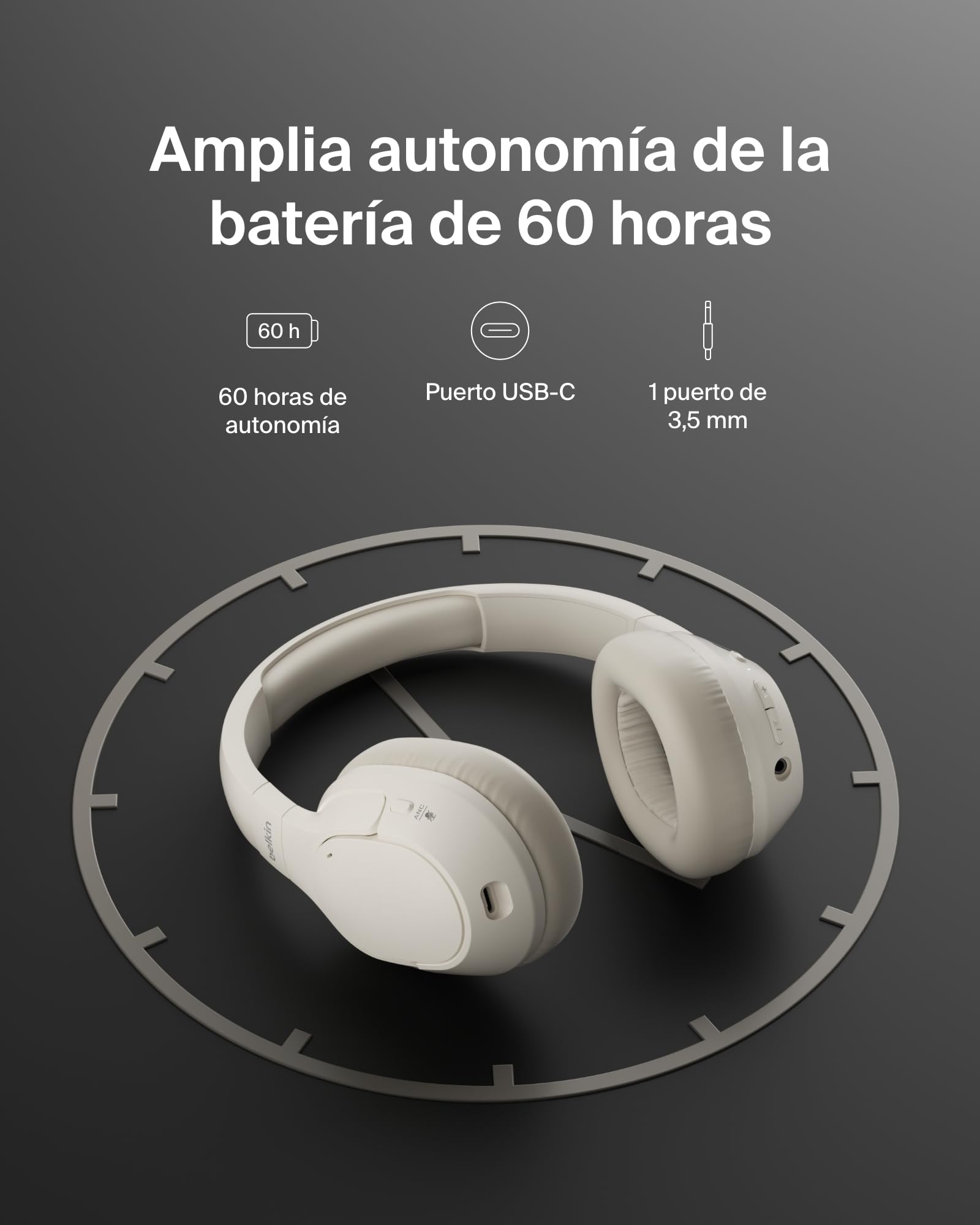 Belkin SoundForm Isolate Auriculares Inalámbricos Bluetooth con Cancelación de Ruido Activa Híbrida, Cascos inalámbricos con micrófono, 60 Horas de autonomía, Almohadillas CloudCushion, Arena