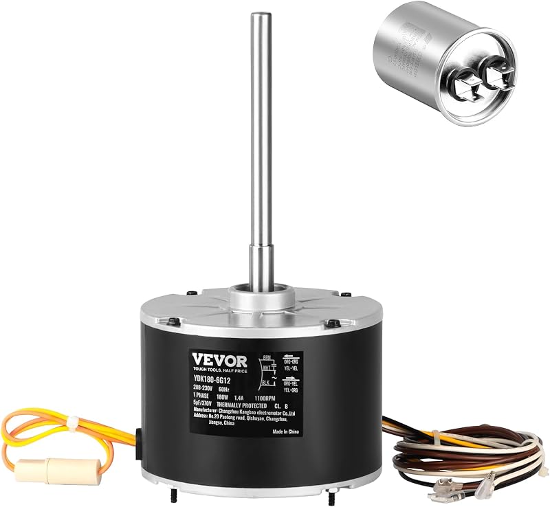 VEVOR OEM Upgraded Condenser Fan Motor, 1/4 HP 1100RPM, Replacement for ac GE Genteq Carrier Bryant Payne Dayton, 5KCP39EGS070S, 5KCP39EGY823S, 3905, HC39GE237, 6DLL0, Reversible Rotating + Capacitor