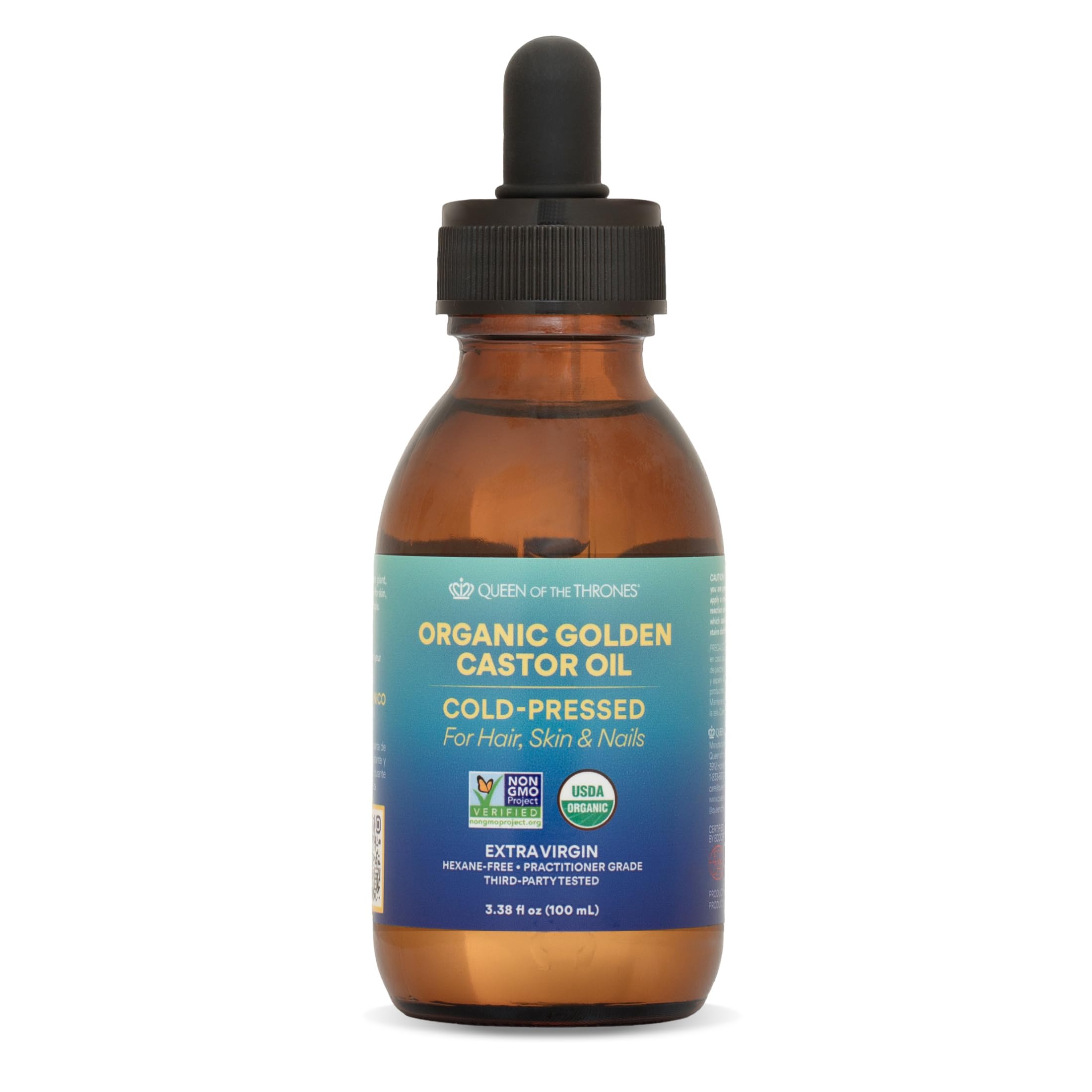 QUEEN OF THE THRONES Organic Golden Castor Oil | 100% Pure for Hair, Skin, Nails, Brows & Lashes | Hexane-Free | USDA Certified [3.38oz (100ml)]