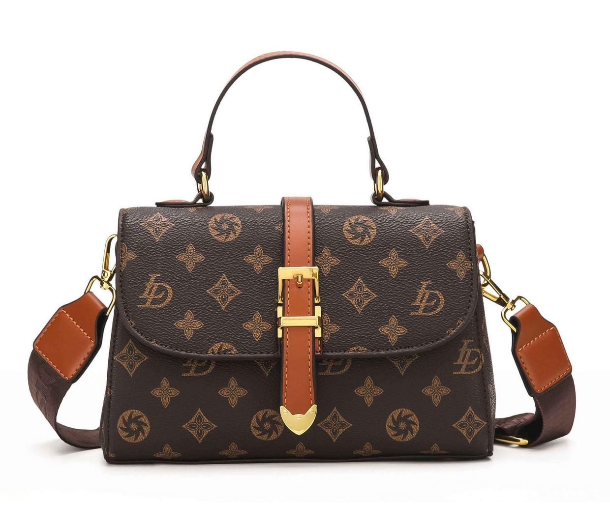diva dale Monogram Print Satchel Bag with Top Handle, Brown-picture-11