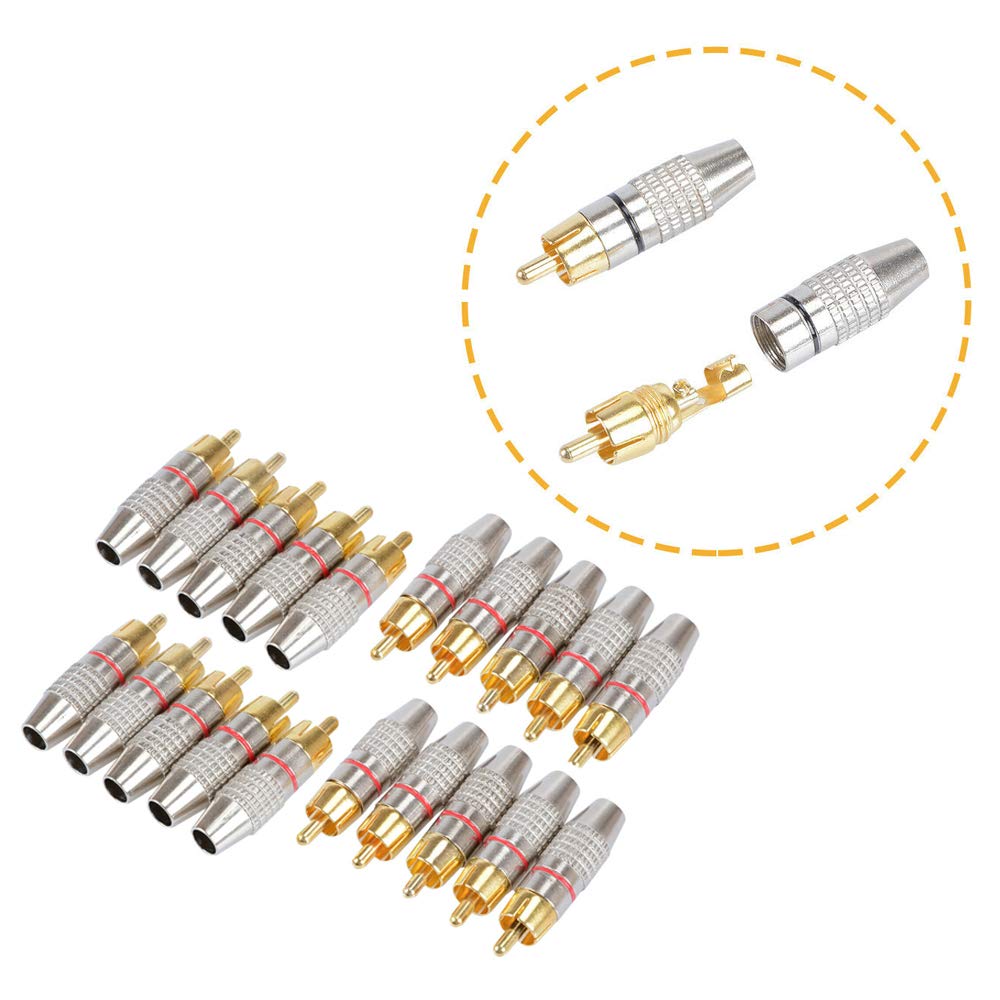 Wixine 20Pcs RCA Male Plug Adapter Solder Audio Video Phono Cable Connector Gold Plated