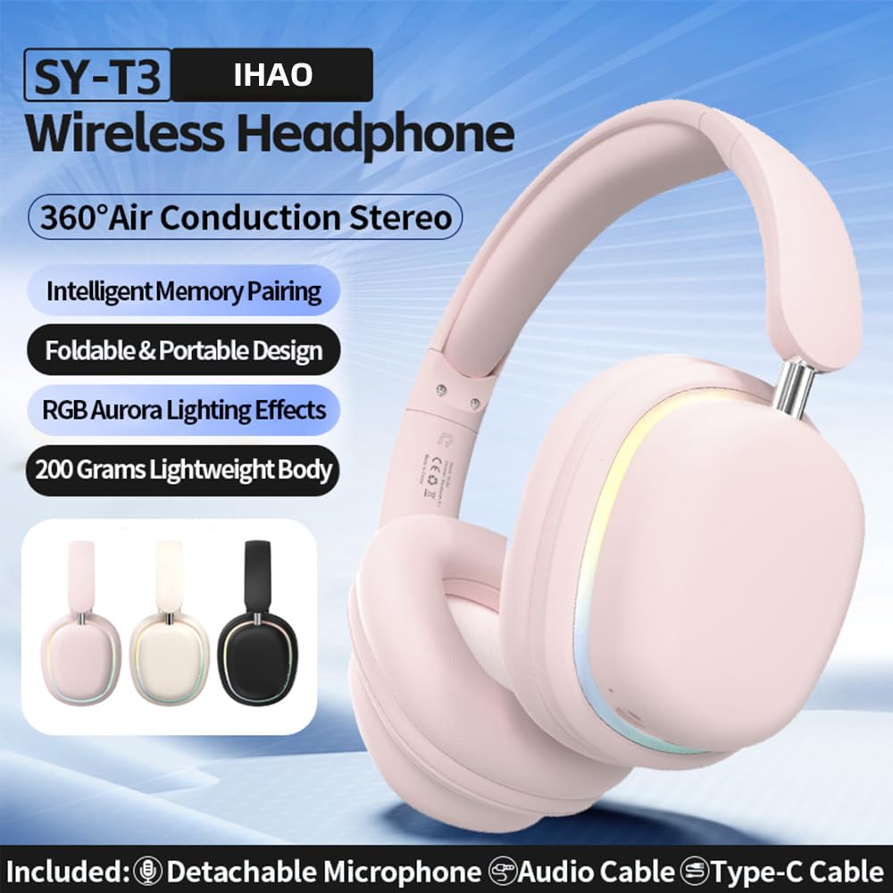 IHAO Auriculares Bluetooth RGB plegables con cancelación activa de ruido, micrófono desmontable, larga duración de reproducción, conexión de dispositivo doble, entrada AUX, almohadillas suaves para PC