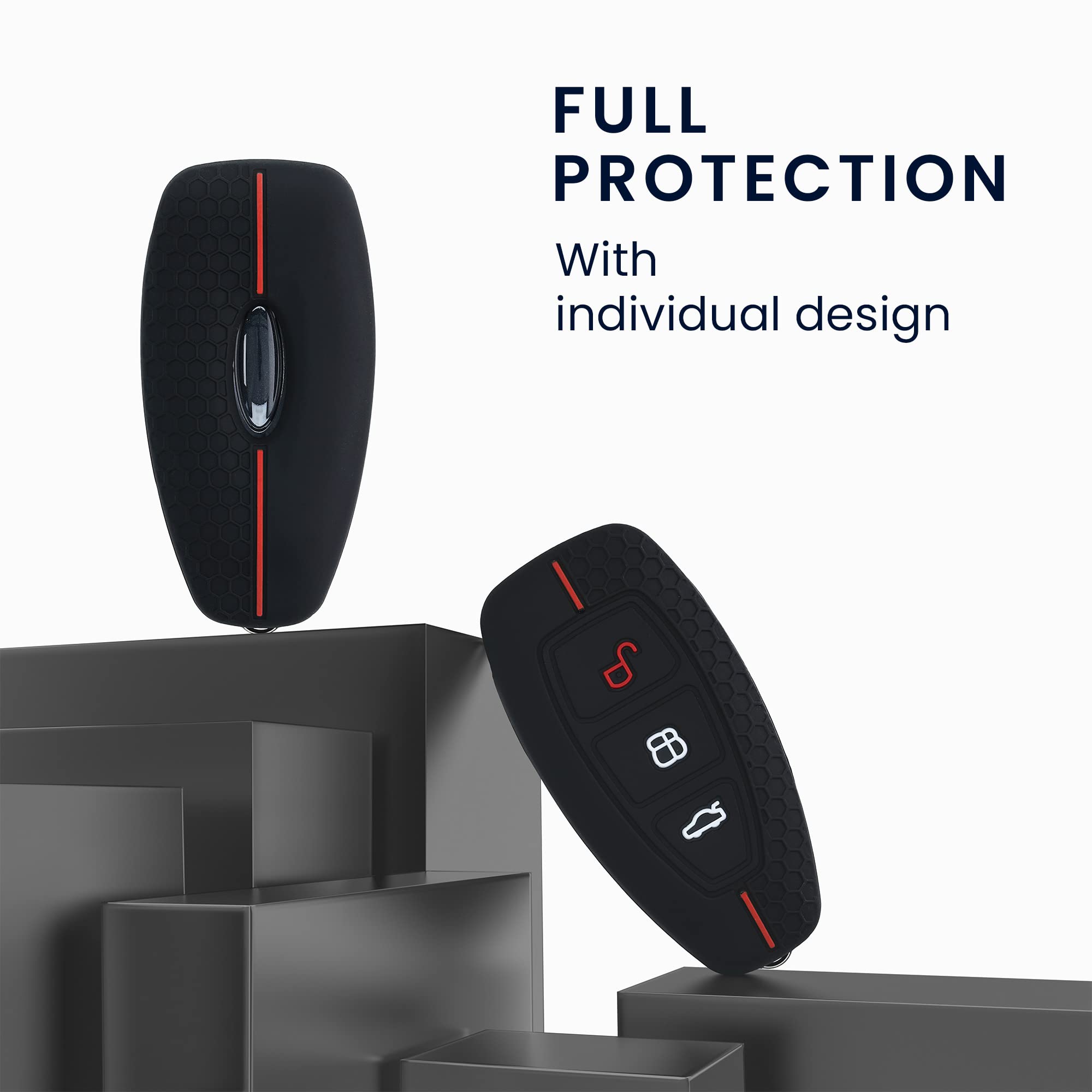 Kwmobile Custodia Silicone Per Chiavi Ford Keyless Go | Cover Antigraffio Con Strisce Rally, 2 Tasti, Rosso/Nero - 4