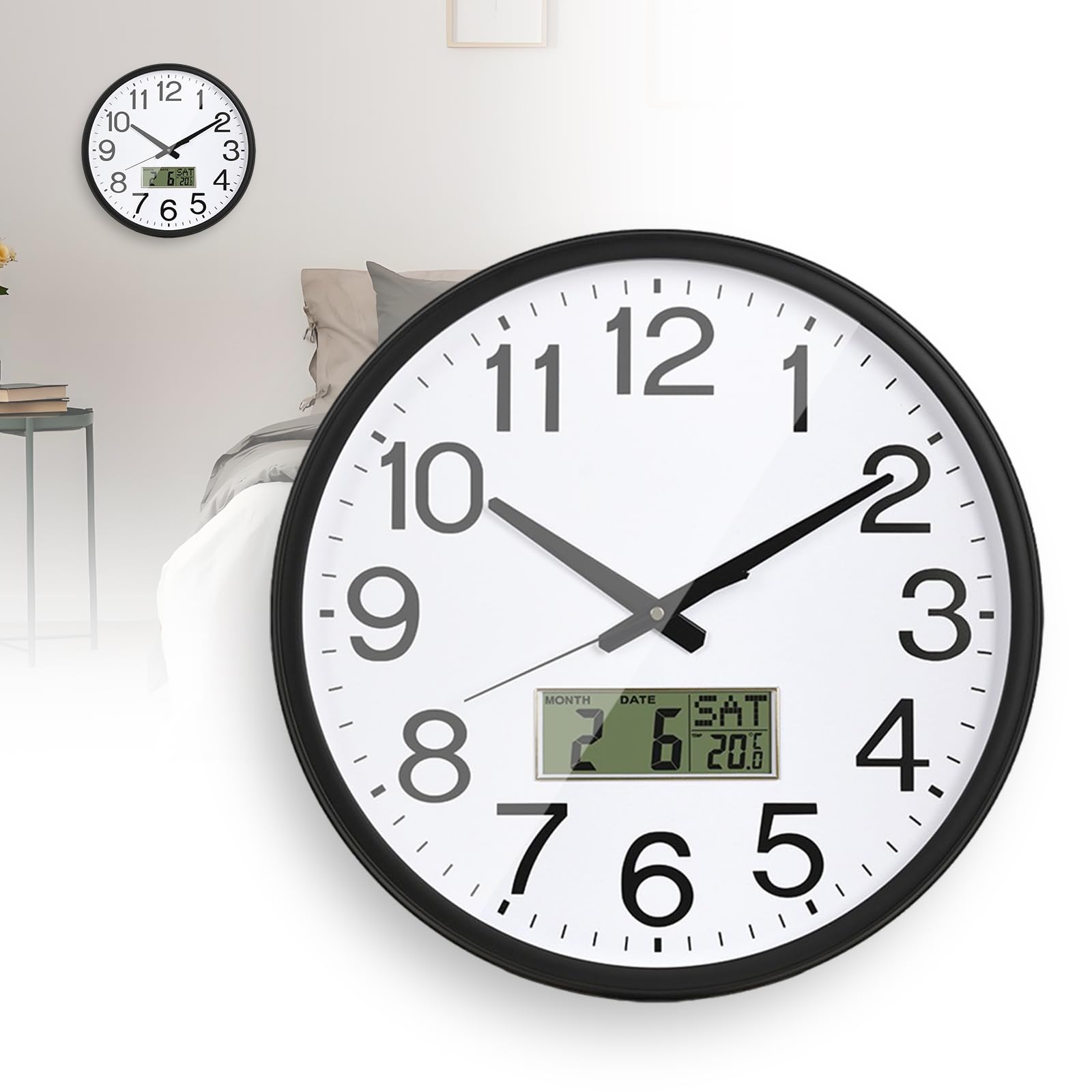 Horloge murale silencieuse SUNOYA à écran LCD éclairé et température