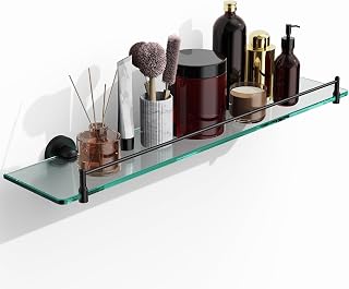 Glass Bathroom Shelf for Wall,24-Inch Black Floating Glass Shelves for Bathroom Modern Stainless Steel Tempered Glass Shelf Wall Mount Accessories(Matte Black)