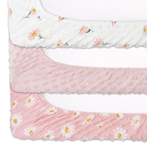 Vista 5 de The Peanutshell Fundas para cambiador de bebé para niña, sábanas de cambiador Minky para niñas, decoración floral rosa, margarita de girasol bohemio
