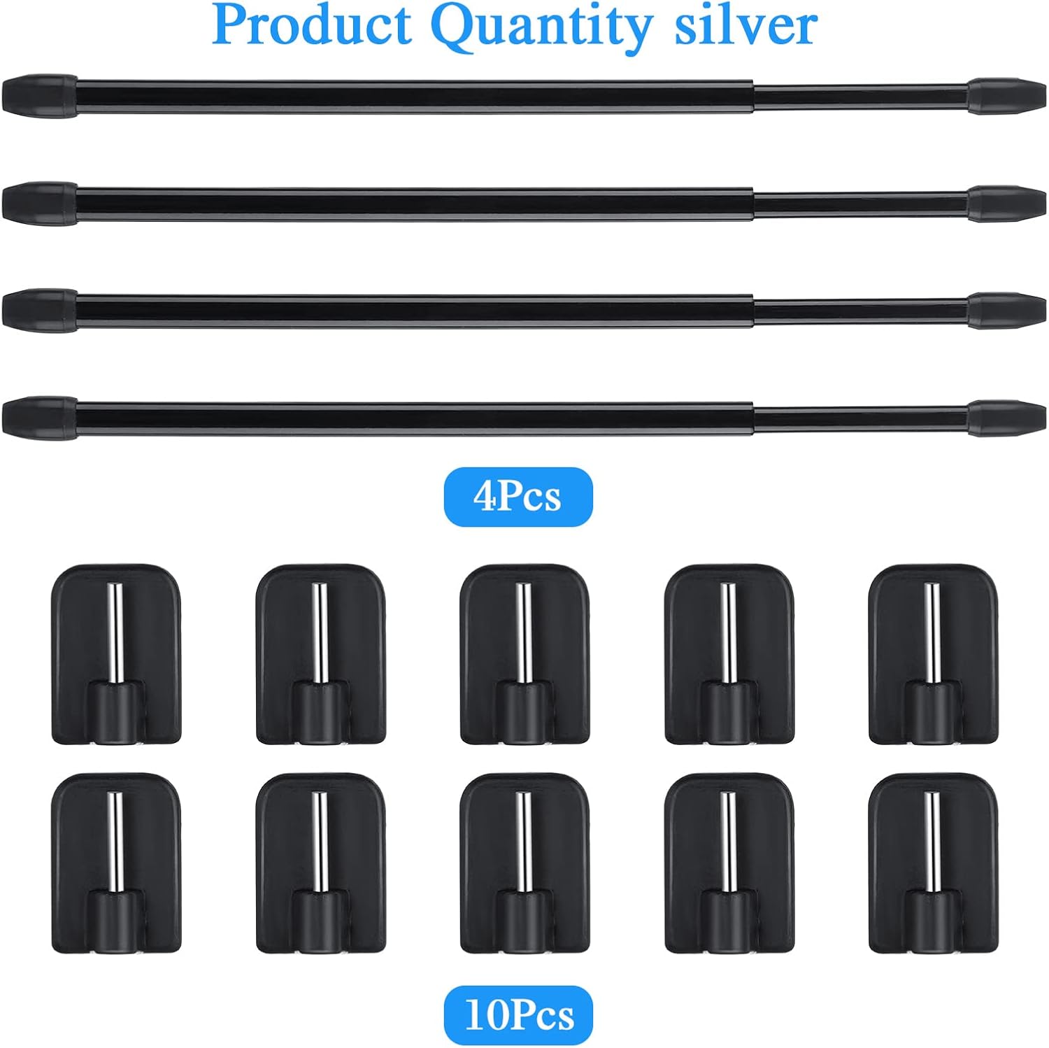 4 Pieces Extendable Curtain Rod Cupboard Bars Tensions Rod Adjustable Plastic Curtain Rod with 10 Pieces Self Adhesive Hooks for Home Bathroom Hotel Supply (15.7 to 27.5 Inch, Black)