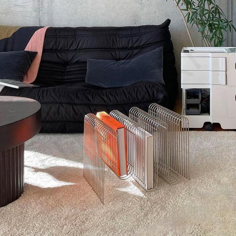 LUOGOXIマガジンラック、フロアスタンド、金属ライン、幾何学的形状 (シルバー,Nタイプ)