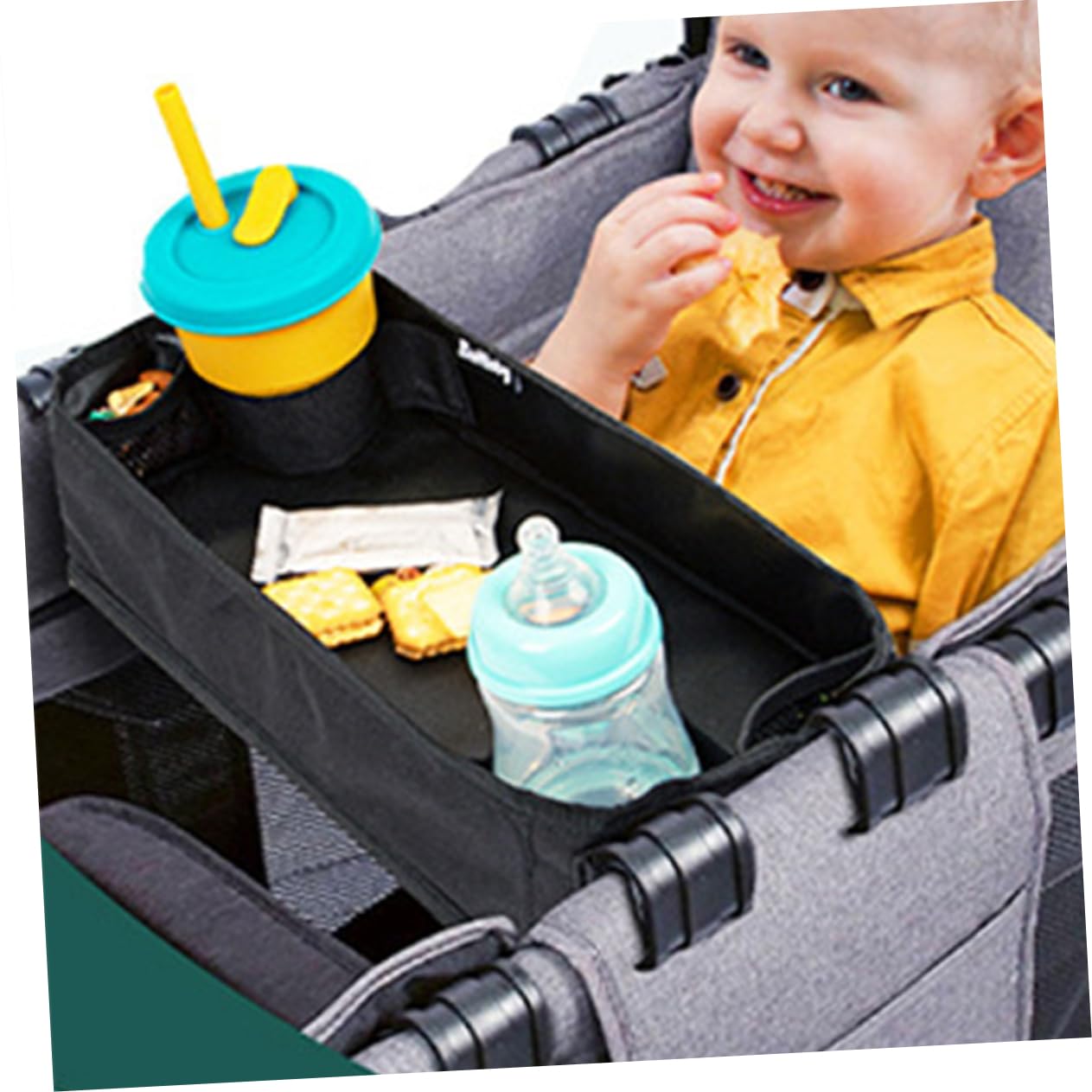 Plateau à Goûter pour Poussette Noir, Accessoire à Clipser en Toile, Léger et Stable, pour Bébé et Tout-petit en Voyage