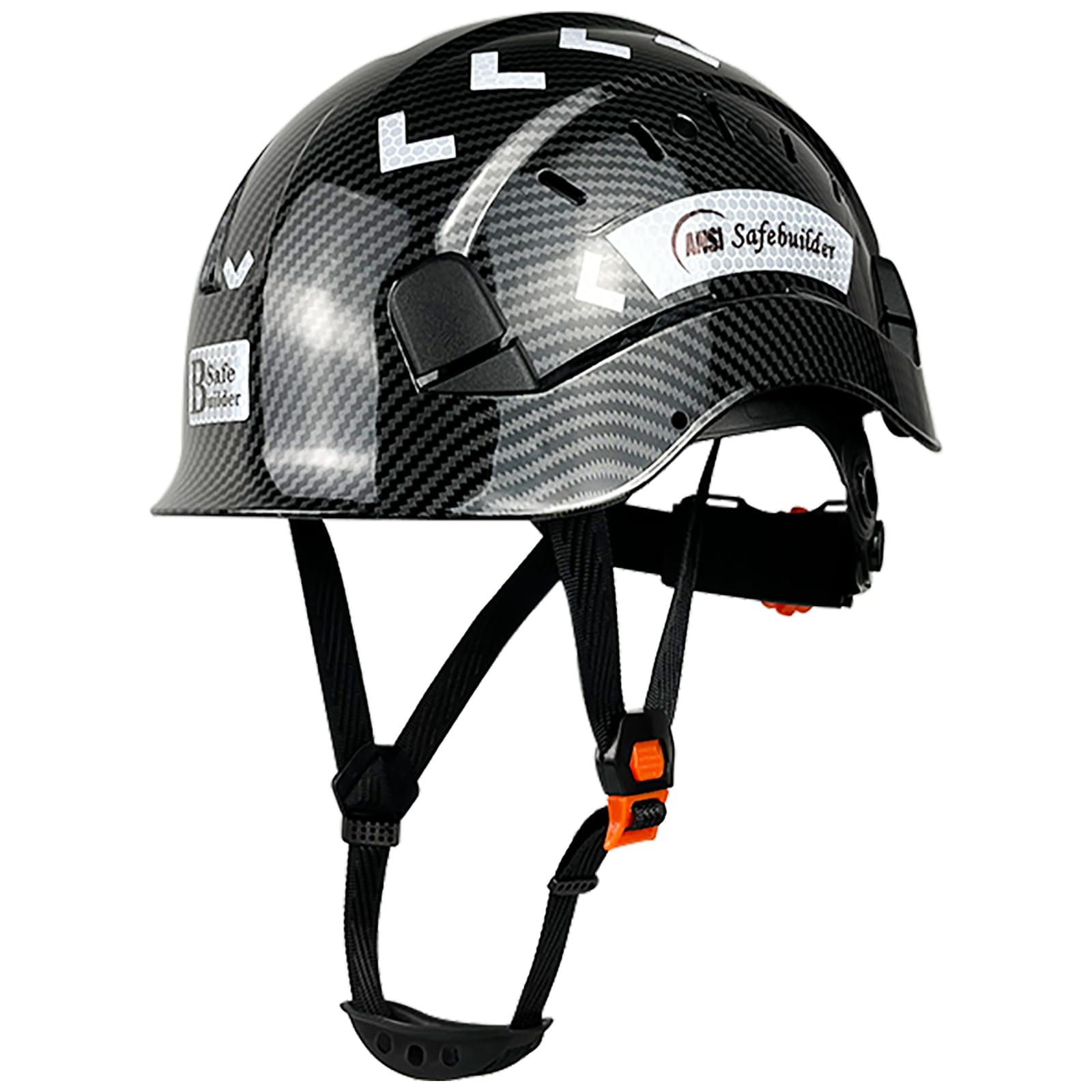 SAFEBUILDER Carbon Fiber Pattern Work-at-Height ABS Rescue Hard Hat Slotted Ventilated Helmet w/Adjustable Ratchet 6-Point Suspension ANSI Z89.1-14 (Bright Black Hat)