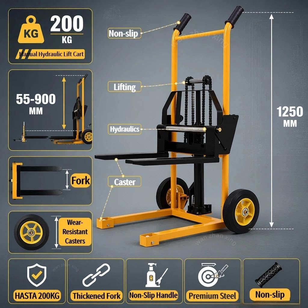 Apilador Manual con cabrestante de 200 kg - Elevación hidráulica Manual, Horquilla Externa, fácil maniobrabilidad para almacenes y centros logísticos