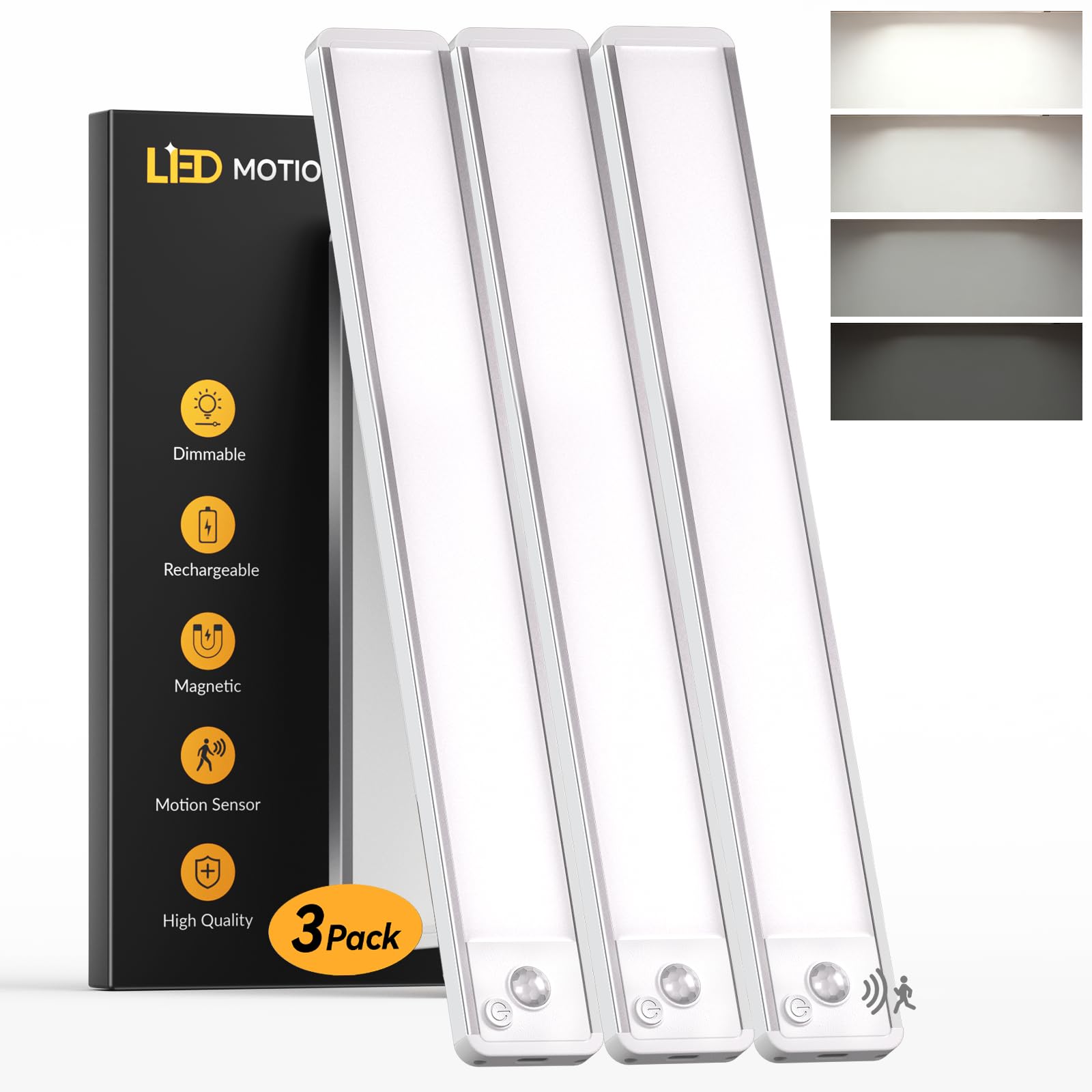 Under Cabinet Kitchen Lights - 2500mAh Long Lasting, 40CM Motion Sensor & Dimmable Work Light Bar, Magnetic-Portable Led Lighting for Camping, Kitchen, Car Repair, Garage, Workshop Tasks, 3 Pack