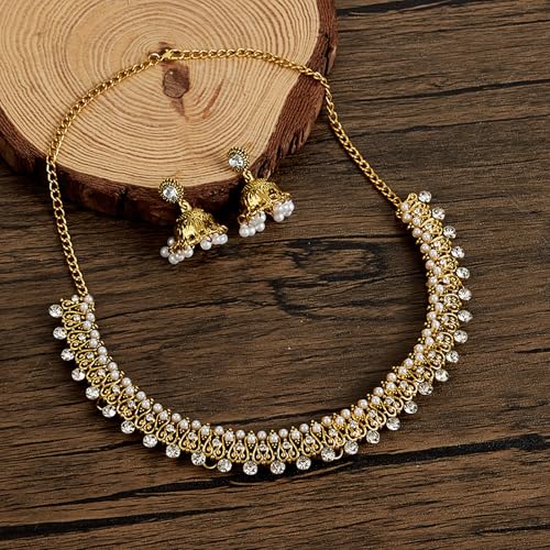 Jhumka-Indian-Jewelry-Sets-for-Women-Kundan-Necklace-Choker Chain Earrings Gold Rhinestones Chain Earrings Oxidized Indian Jewelry Set2