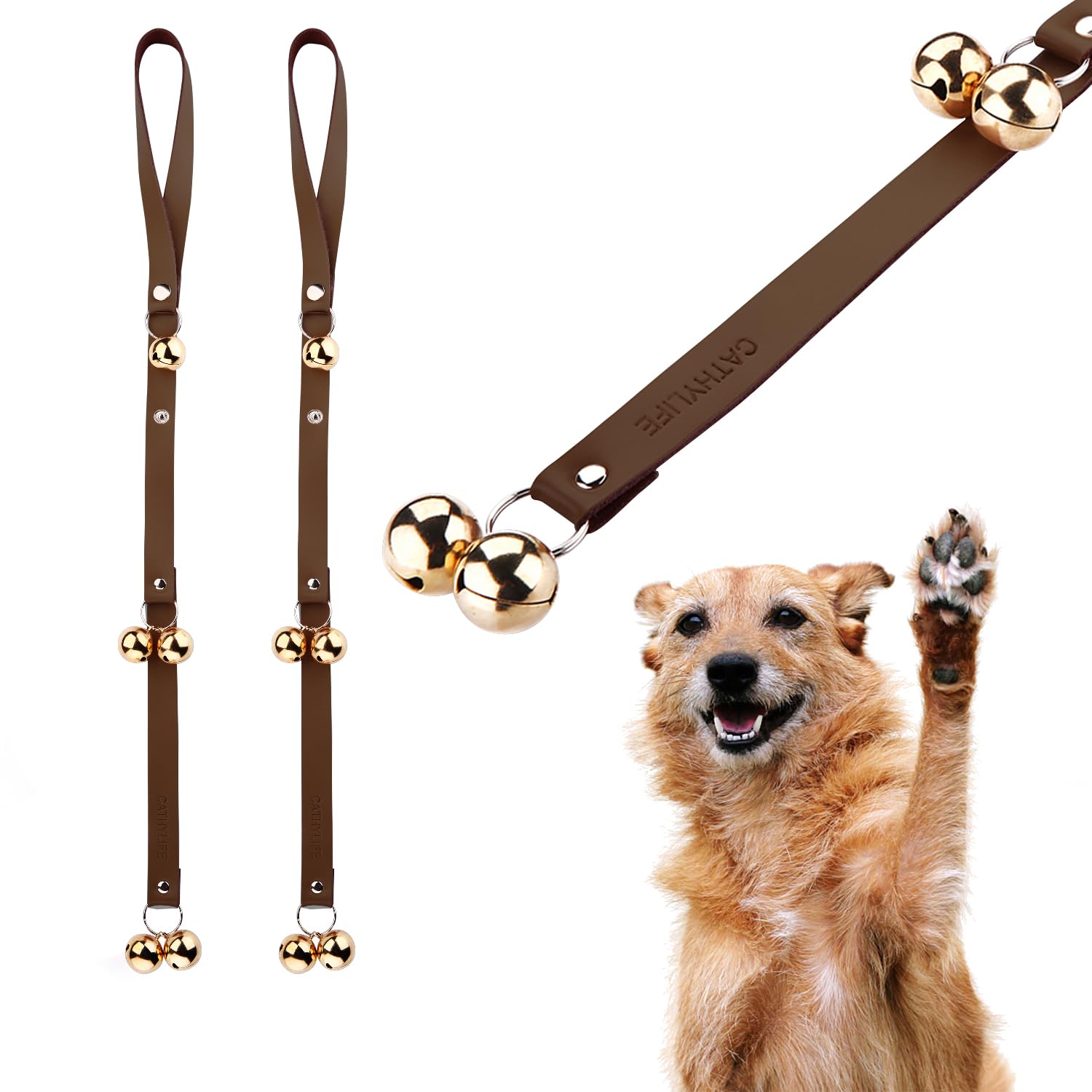 CATHYLIFE Leather Dog Doorbells for Door Knob/Potty Training/Go Outside, Length Adjustment Copper Dog Bell, Housetraining Hanging Bell, Dark Brown Leather Golden Bells - 2 Pack