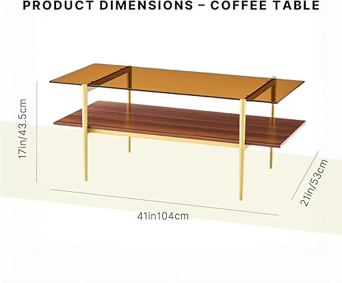 Miniatura 2 de Shrine - Mesa de café rectangular, diseño moderno de mediados de siglo, estructura de 2 niveles, parte superior de vidrio ámbar y estante de MDF de