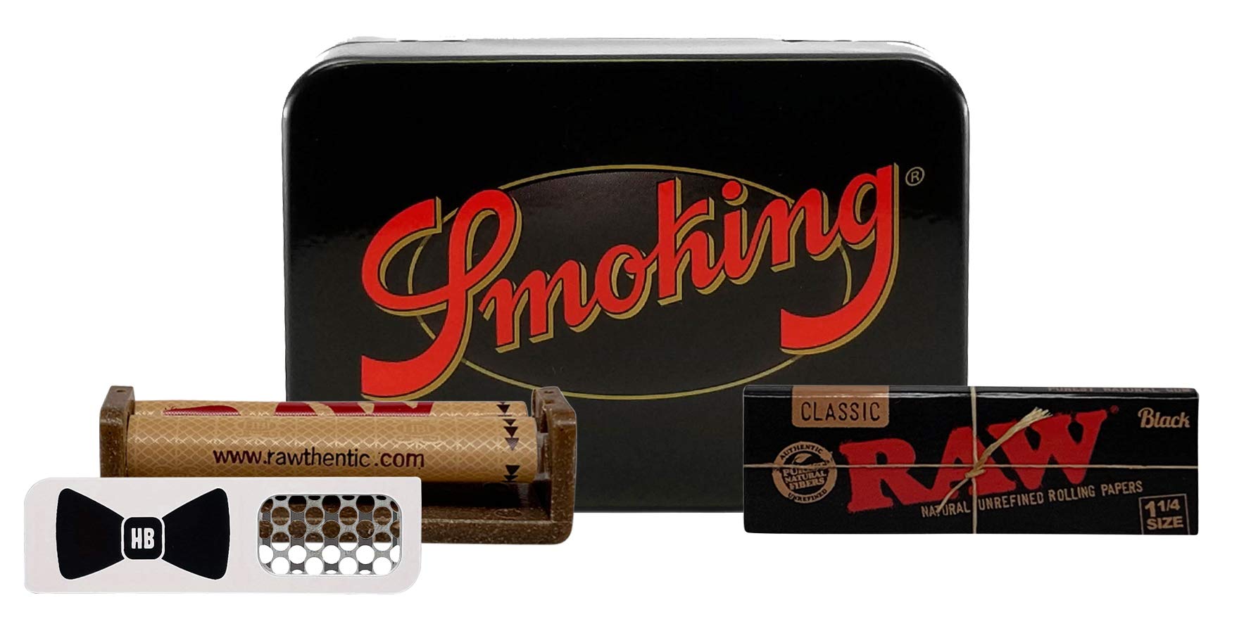 RAW Black 1 1/4 Natural Unrefined Rolling Paper, RAW 79mm Roller, Smoking Brand Collectors Tin (Deluxe), with Hippie Butler Grinder Card - 4 Item Bundle