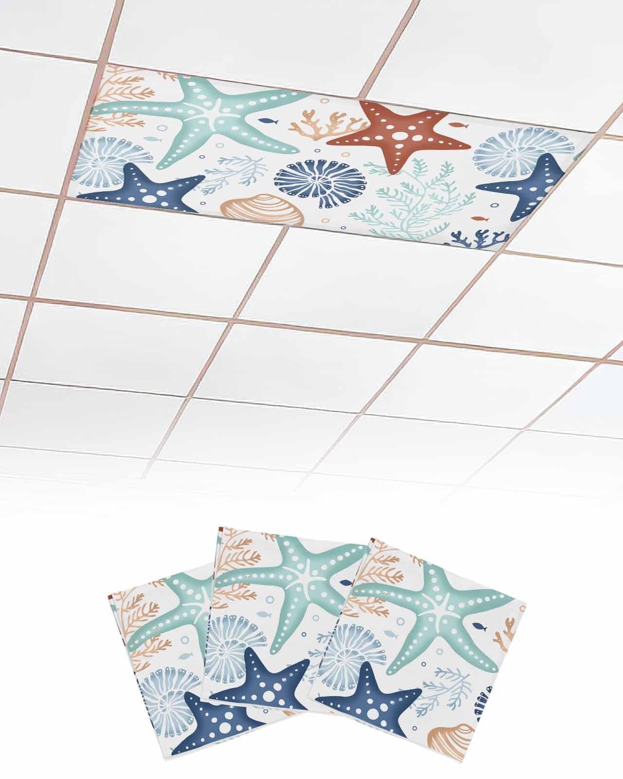 EwdeWwo Ocean 3 Pcs Fluorescent Light Covers for Ceiling Lights, Summer Marine Life Starfish Shell Blue Magnetic Light Filters for Eliminate Harsh Glare Classroom Office Decoration, 4 x 2 Ft