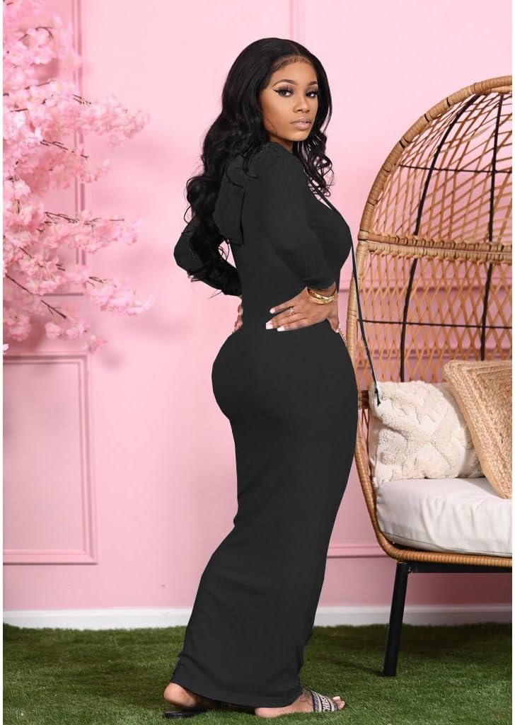 Long Sleeve Bodycon Maxi Dress for Women One Piece Hoodie Sweatshirt Dresses - Image 4