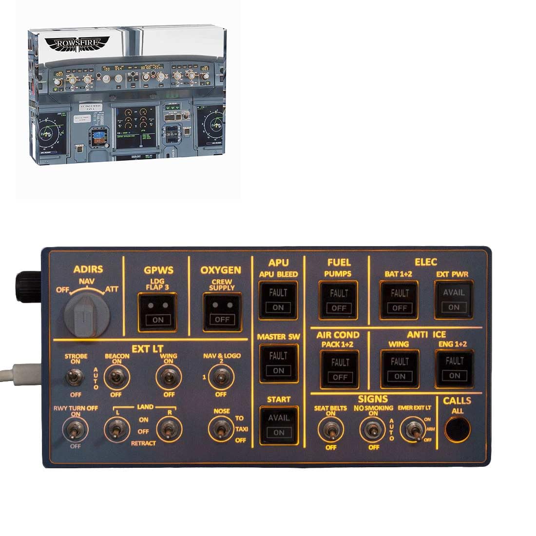 Rowsfire A106 Pro A32X Panneau supérieur (édition rétroéclairée) pour MSFS 2020/2024, compatible avec Windows Flight Sim Home Cockpit, alimenté par USB, compatible avec Mobiflight