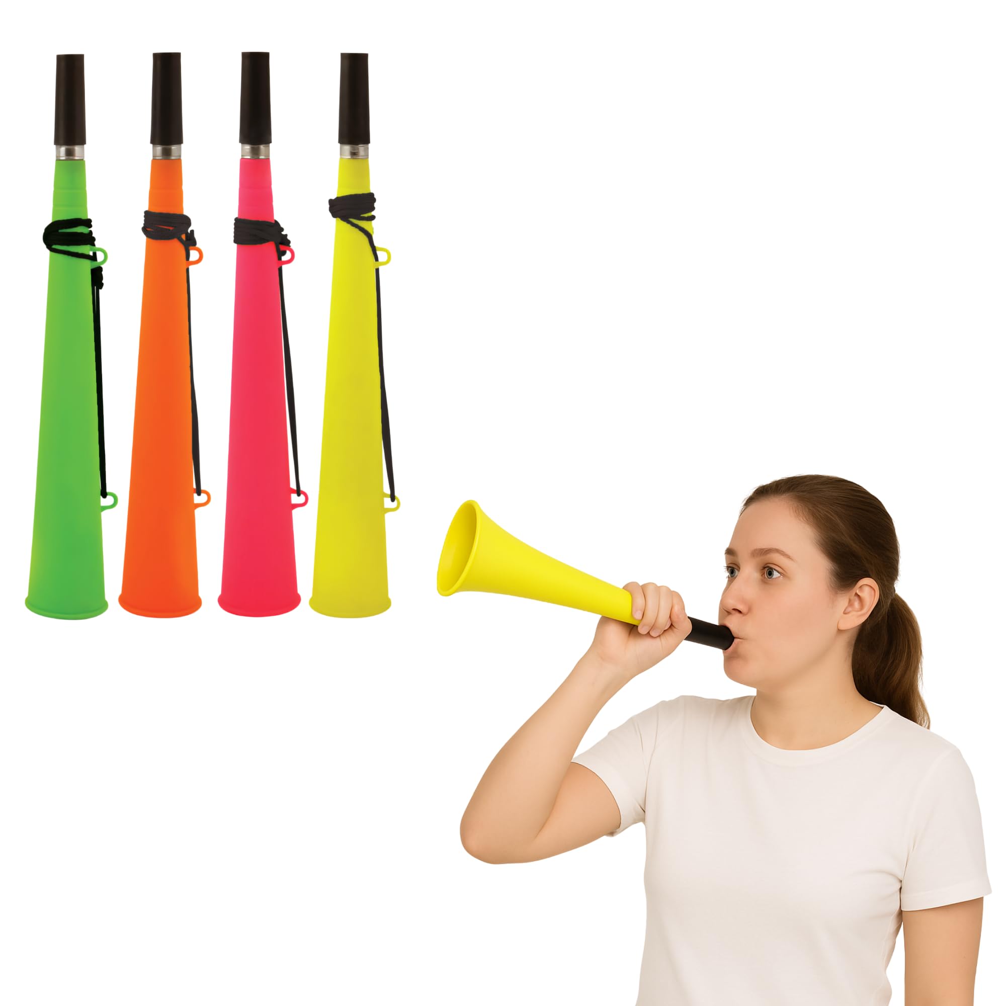 Adult Neon Woofer Horn with String โ Loud Plastic Stadium Trumpet, Noise Maker Vuvuzela for Football, Sports, Cheer, Party Favours โ Assorted Colours (Assorted Colours, 6, Pack)