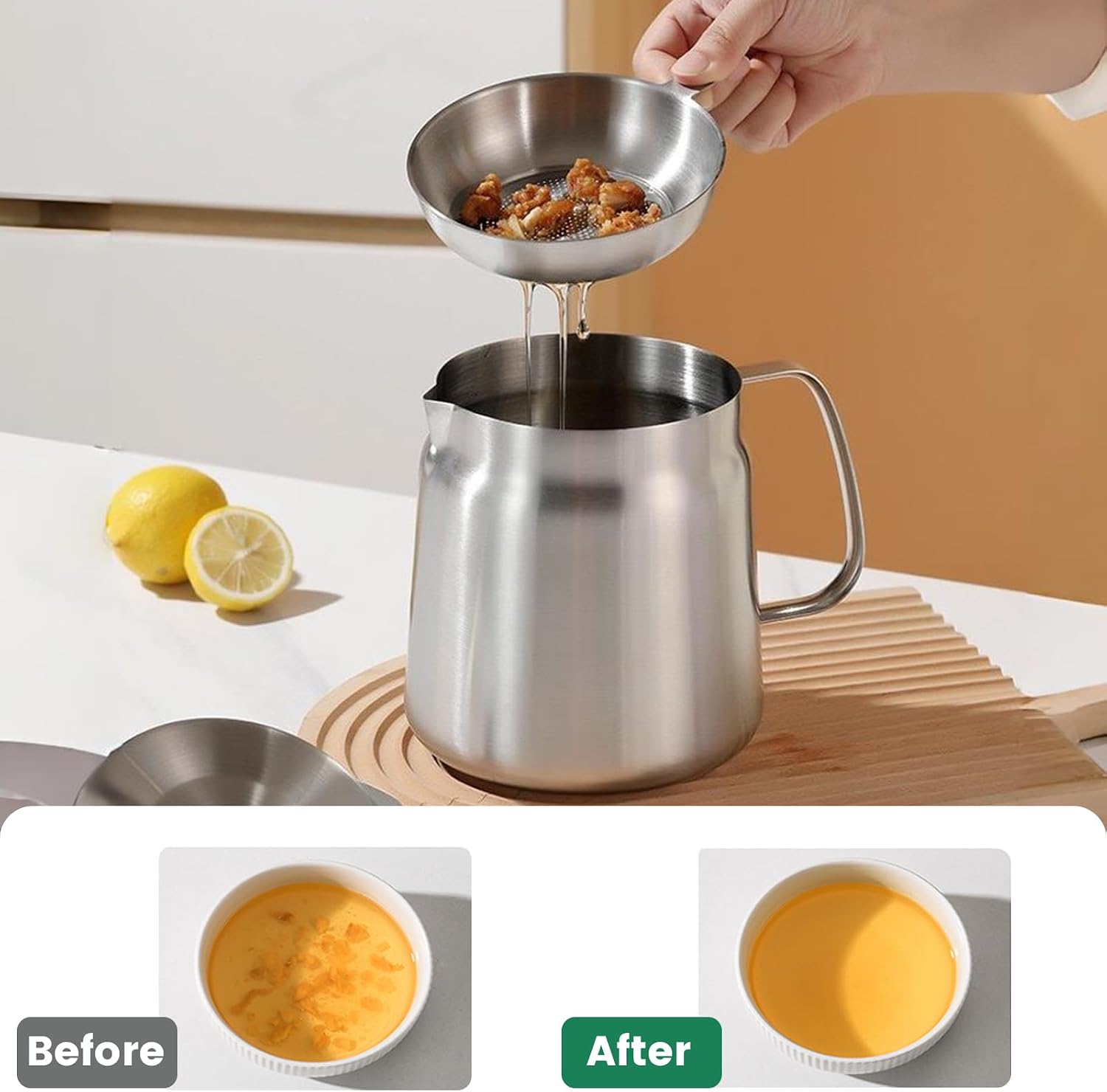 2-in-1 304 Stainless Steel Multifunctional Deep Fryer Pot with Basket & Strainer, Large Capacity Oil Filter Pot, Bacon Grease Container with Steel Pour for Kitchen, Camping, Cooking (68oz/2L)