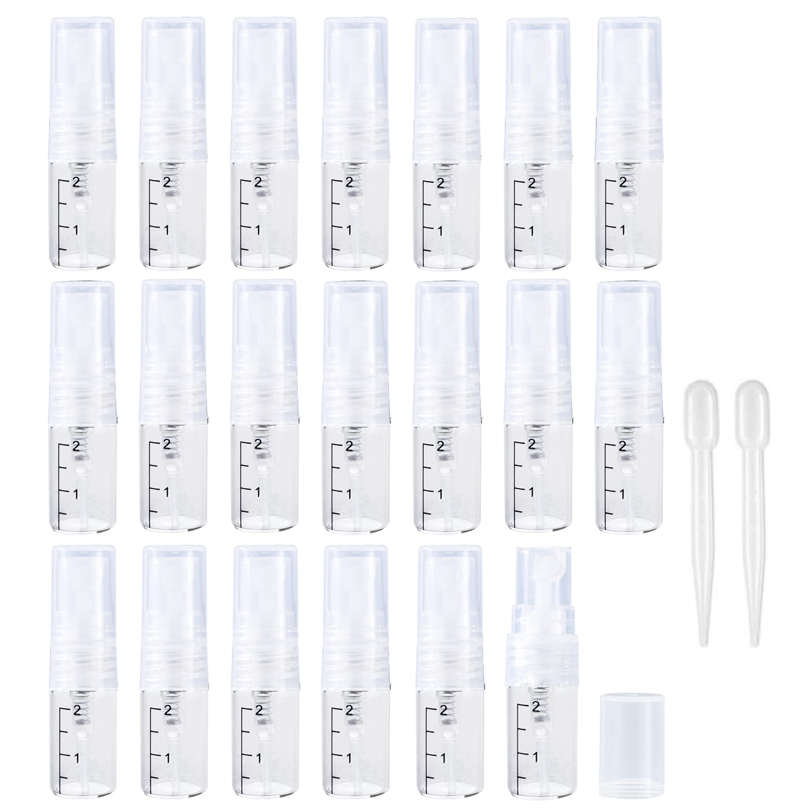 Apstaqeoo 2Ml × 20Pcs Clear Sprayer 20Pcs, 2Ml Empty Glass Spray Bottles With Scale - Clear Mini Sample Perfume Atomizer Vial Travel Bottles Set With Fine Mist Sprayer & Clear Dust Cap Perfect For Fragrance, Essential Oils