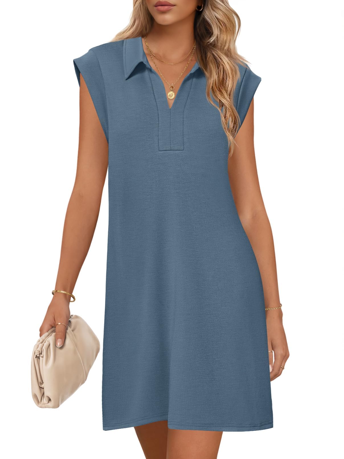 MEROKEETY Women's 2026 Summer Short Sleeve Mini Dress Casual Collared V Neck Loose T Shirt Dresses