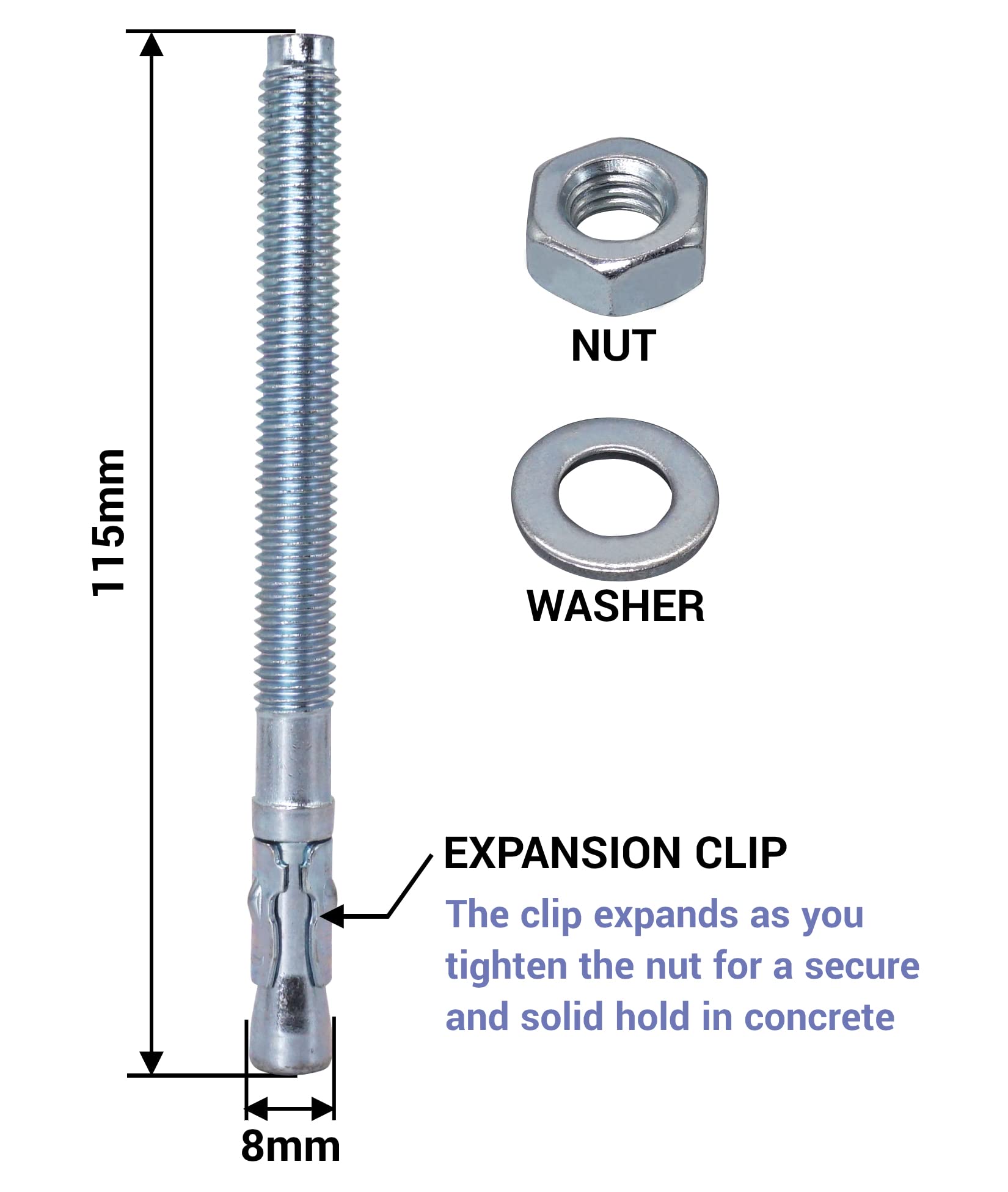 SKIR'CO Wedge Anchors M8 x 115 mm, Silver, 10 pcs, Steel, Concrete Expansion Anchor - Image 4