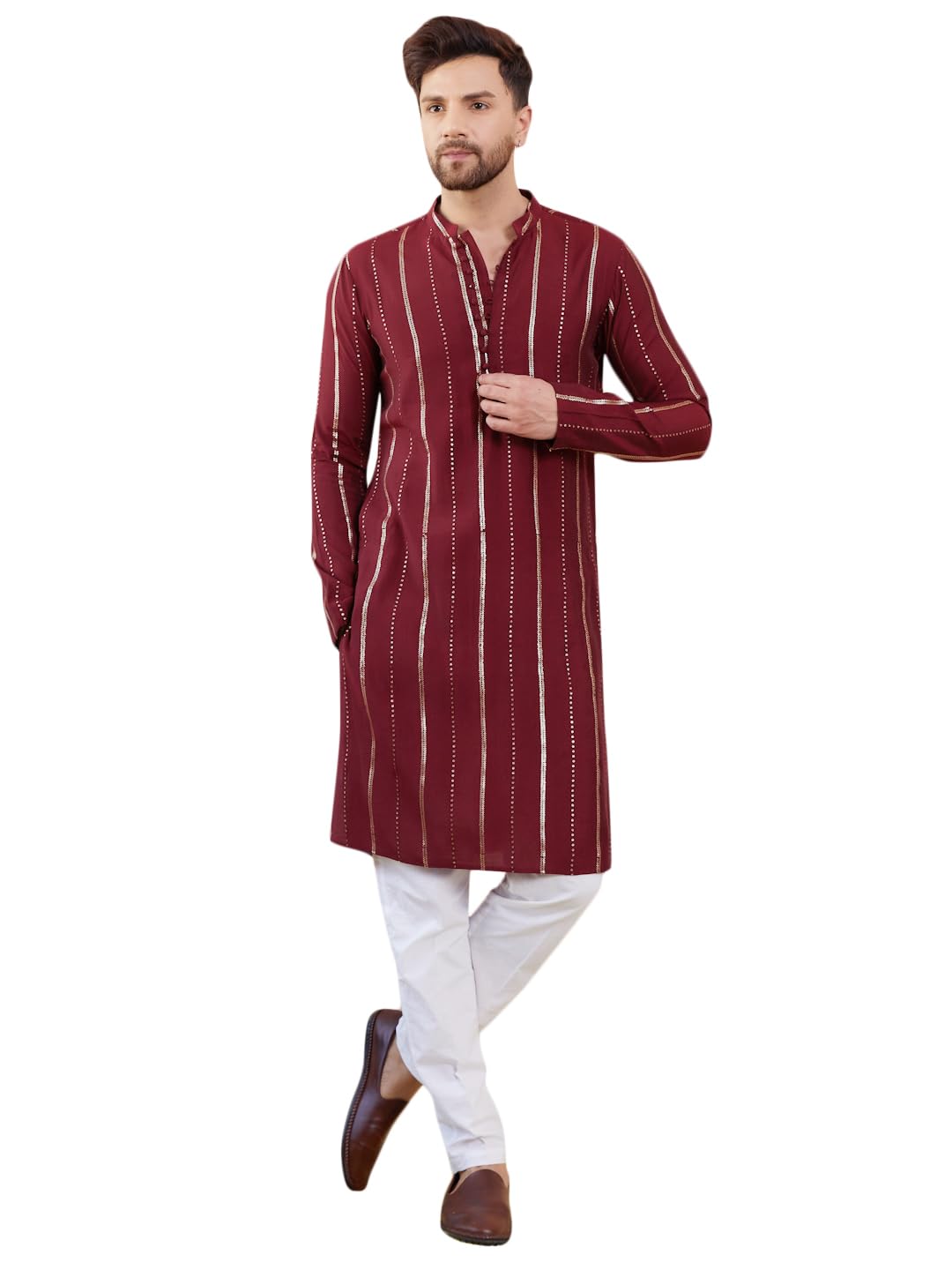 See Designs Men Full Sleeve Side Slit Burgundy And Gold Chanderi Silk Sequins Mandarin Collar Kurta - Sdkt2433L