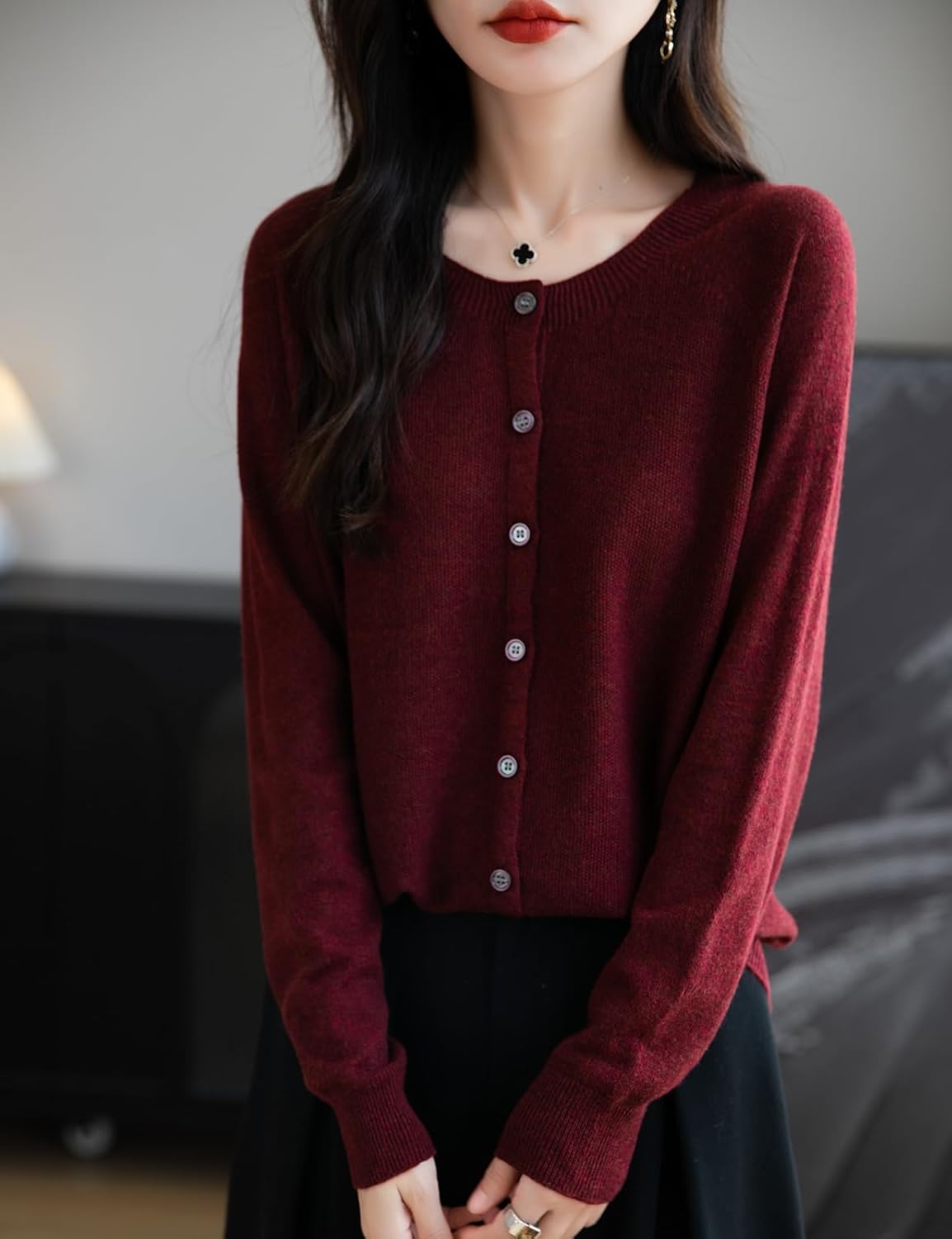 Women's Merino Wool Blend Cardigan Crew Neck Fall Winter Long Sleeve First-Line Ready to Wear Seamless Knit - Image 6