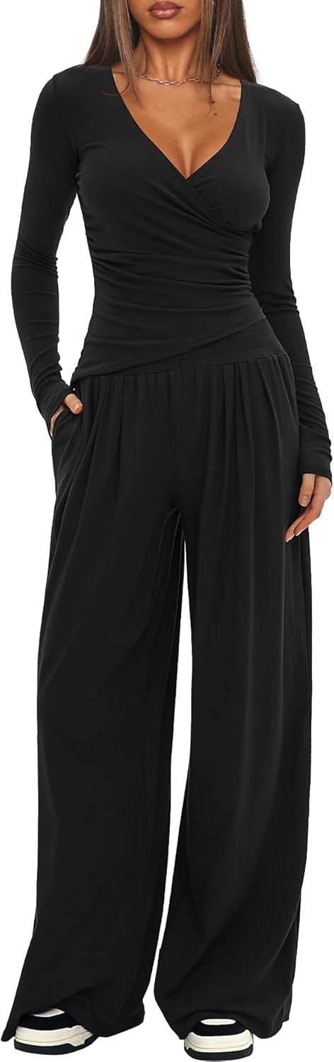 Darong Women's 2 Piece Lounge Fall Outfits Sets Warp V Neck Short/Long Sleeve Shirts and Wide Leg Pants Casual Matching Sets - Image 4