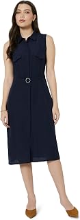 Amazon Brand - Symbol Women's Sleeveless Shirt Dress | Belted Waist, Collared Neck, Knee Length (Available in Plus Sizes)