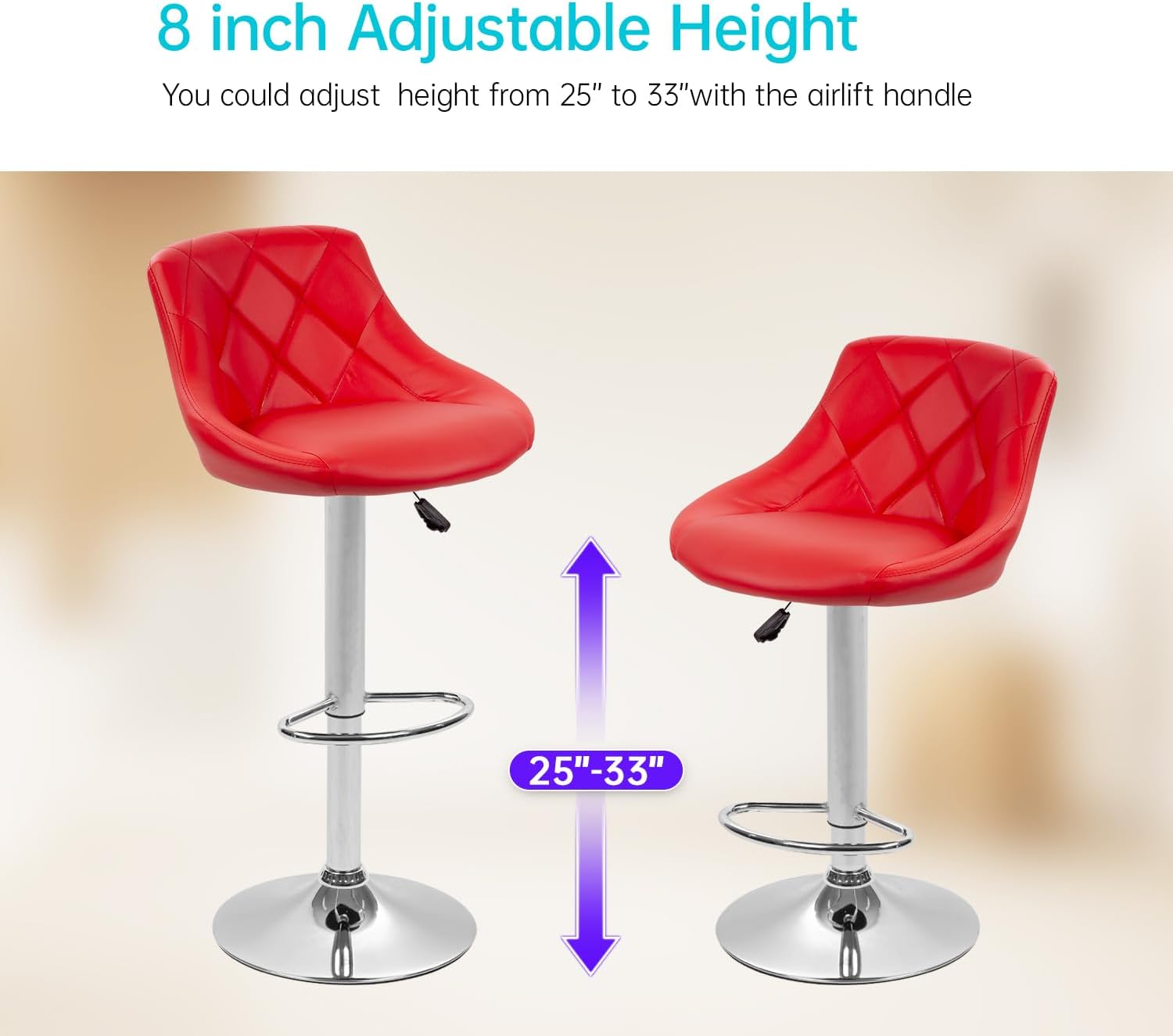 Bar Stool Set Height-Adjustable Swivel Backrest PU Leather Upholstery Counter Height Bar Stools Set Kitchen Counter Stools Set Dining Chairs,Red