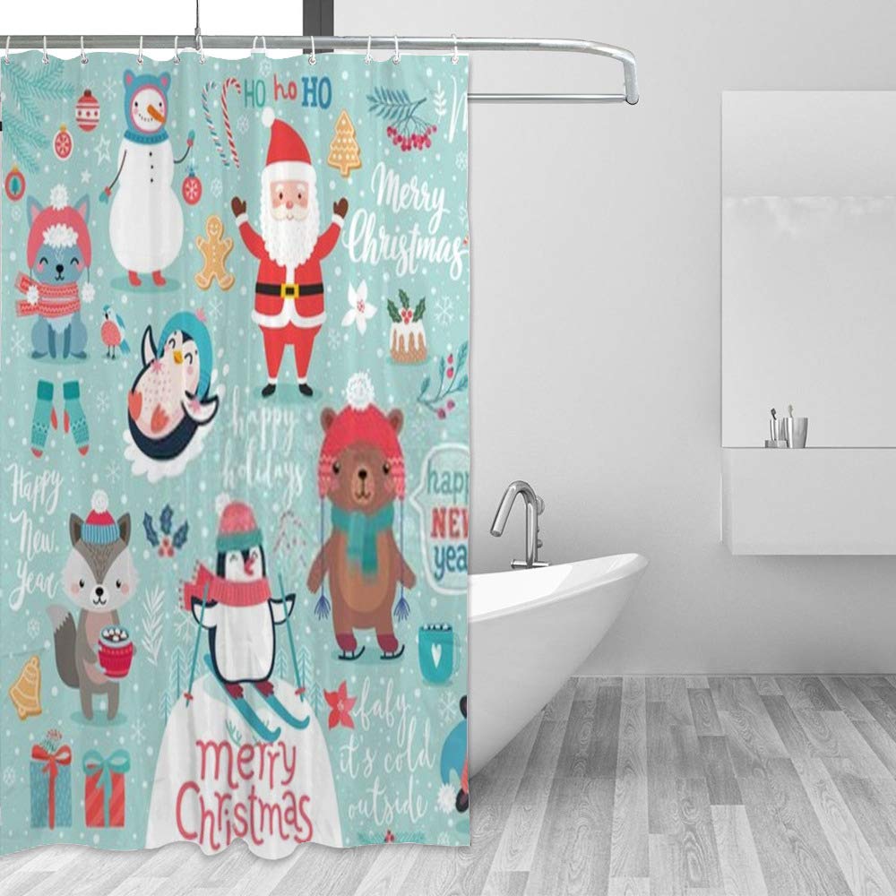 Rideau de douche Noël imperméable anti-moisissure motif animaux pour baignoire 66x72 inch