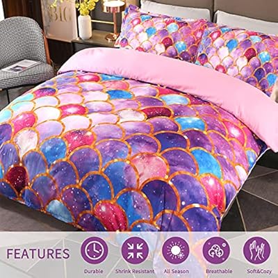 ENJOHOS Full Duvet Cover Purple Blue Mermaid Scale Bedding Set 3D Sparkly Gold Lines Girls Mermaid Bed Set Soft… 61lAMhBmloL. SS400