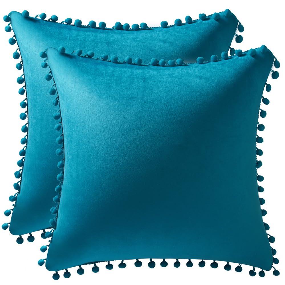 DEZENE Throw Pillow Cases 20x20 Turquoise 2 Pack Cozy Soft Pom-poms Velvet Square Decorative Pillow Covers for Farmhouse