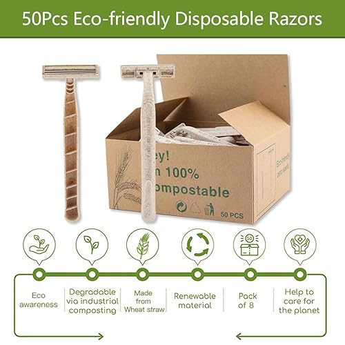 Miniatura 3 de Maquinilla de afeitar ecológica desechable, biodegradable de doble hoja para el cuerpo y la cara para el aseo de hombres y mujeres (50 unidades)