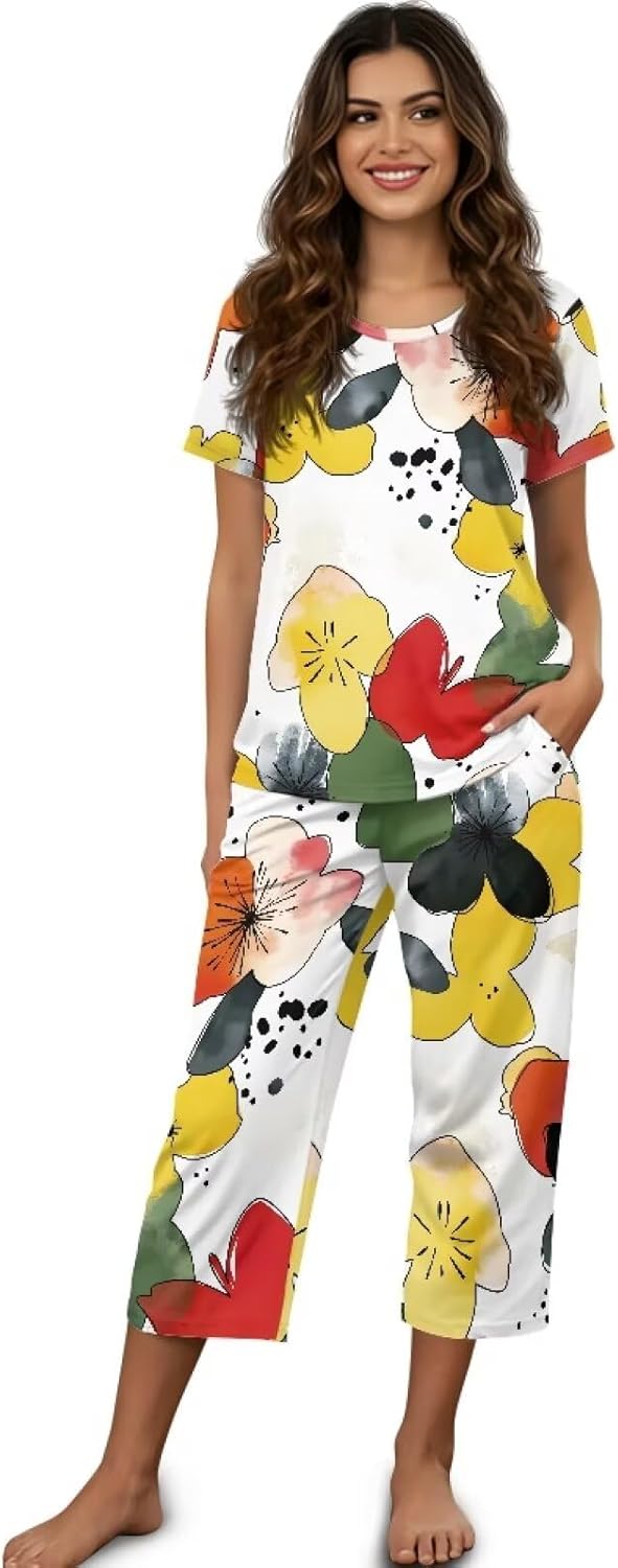 Women's Soft Pajama Set – Short Sleeve Top & Long Pants, Soft Loose Sleepwear Loungewear Comfy Pjs
