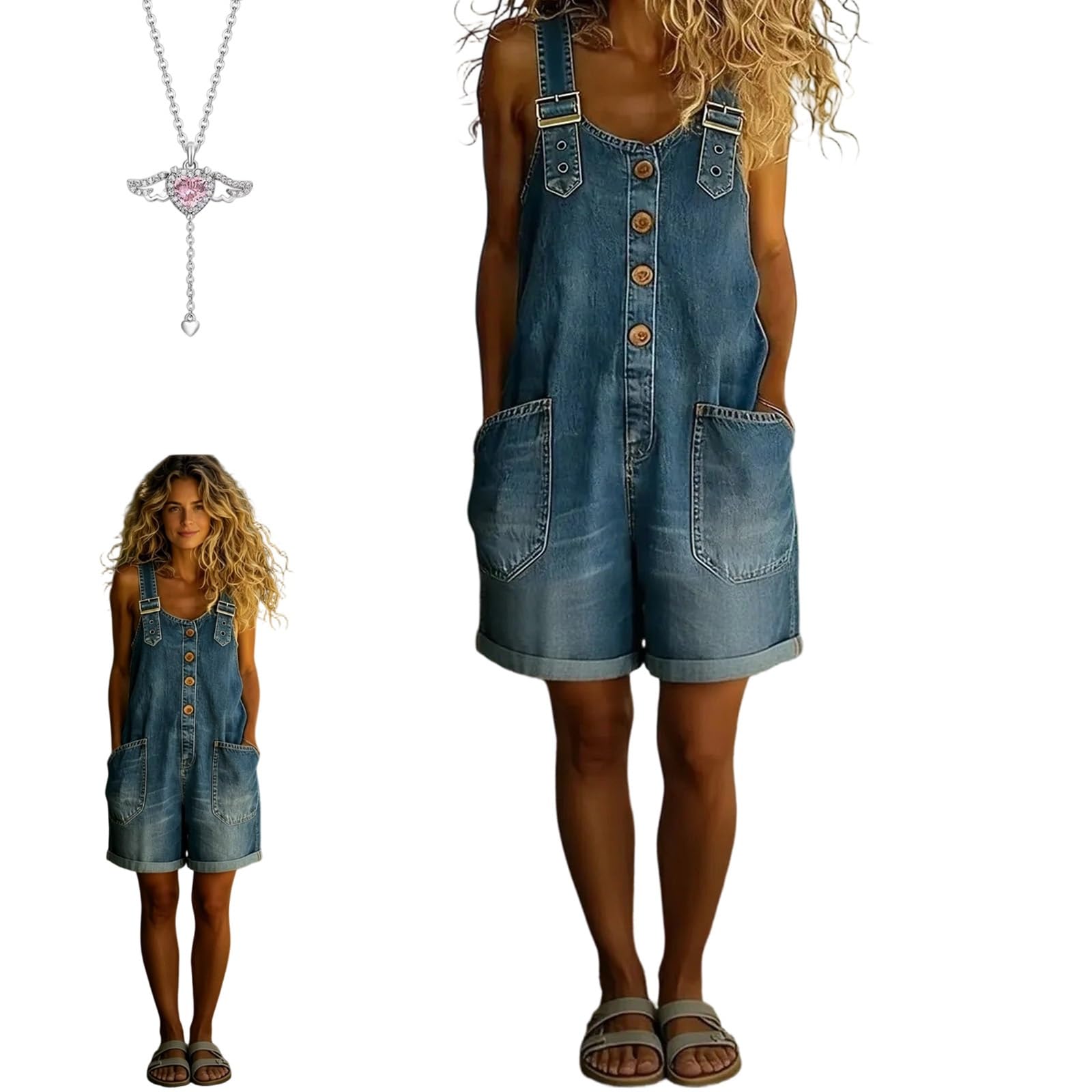 Jeans Latzhose Damen Kurz, 2026 Neu Jeans Jumpsuit Damen, Latzhose Damens Jeanss Kurz, mit Tasche Knöpfe & Verstellbare Träger, Formt Eine Schmeichelhafte Silhouette
