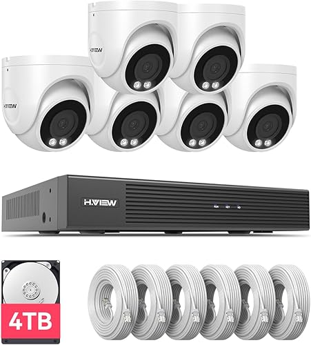 H.VIEW Sistema de cámara de seguridad 4K, detección humana AI, (6) cámaras IP PoE de gran angular 4K para exteriores con cable, 8CH H.265+ 4K 8MP