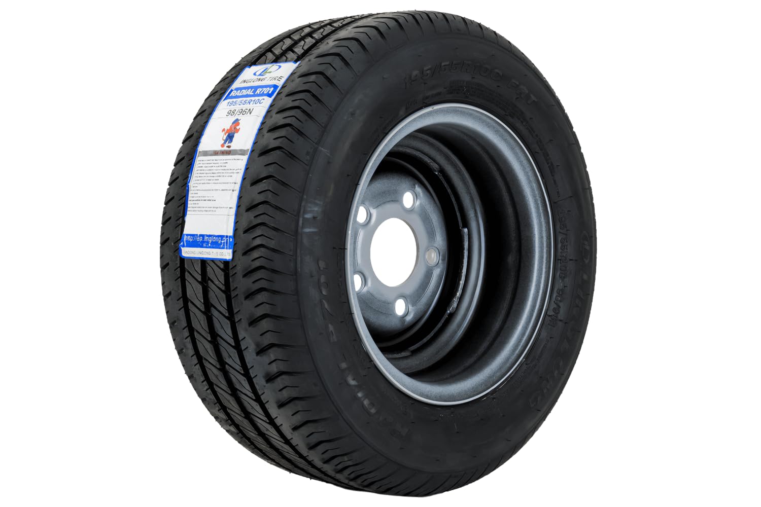 Ruota rinforzata per rimorchio 195/55 R10C 98/96N con cerchio 6Jx10" H2 5x112 ET-4. Solida e adatta a carichi fino a 900 kg.