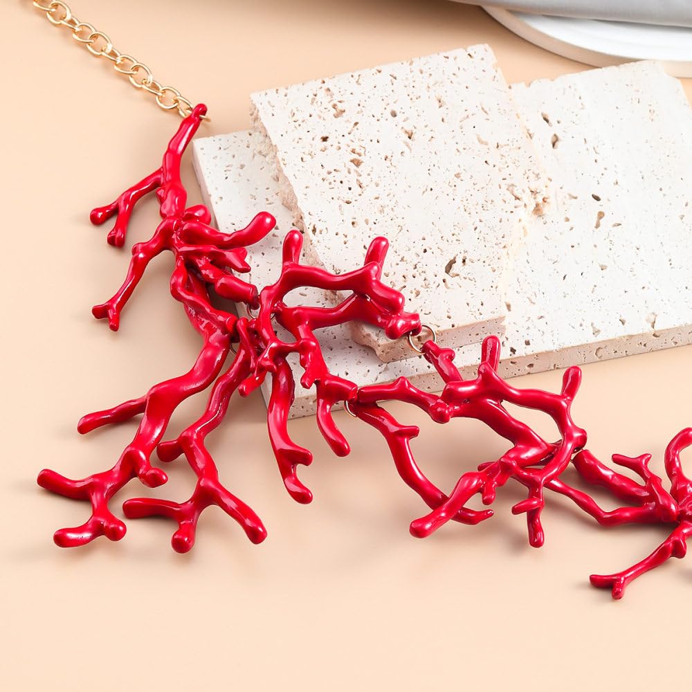 Übertriebene Unregelmäßige Korallenketten Für Damen – Sommerlich Rote Geometrische Baumelnde Halskette, Statement-Halsband, Schlüsselbeinkette, Charm, Böhmischer Schmuck, Modetrend-Accessoires