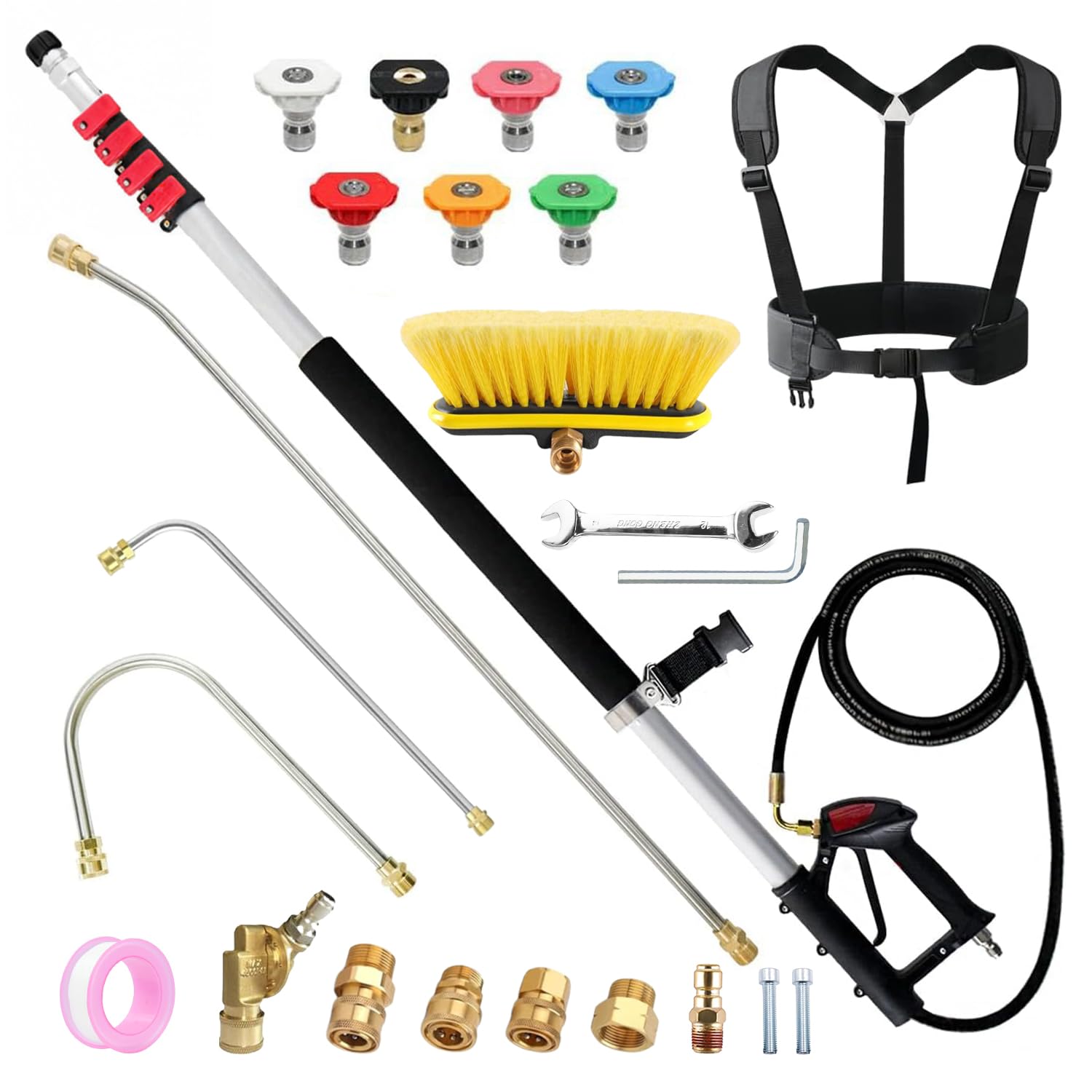 25.5FT Pressure Washer Telescoping Extension Wand - Brush Head, Gutter Wands, Nozzles, Female Connectors, Wand Coupling, Waterproof Tape, Screws + Tools, Support Belt & Hose Adapters — image 1