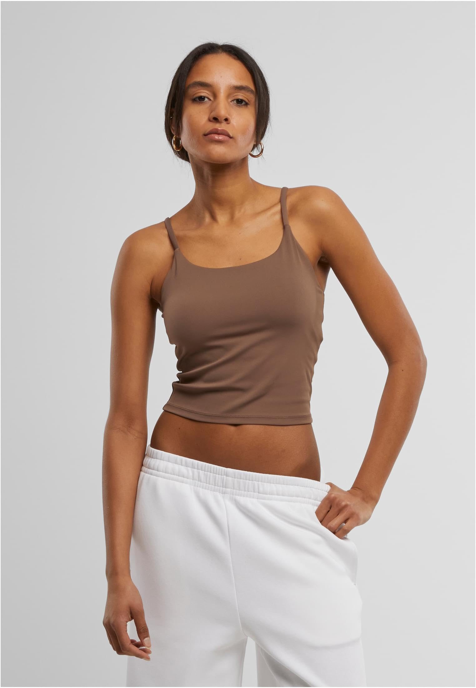 Urban Classics Damski sportowy biustonosz damski, regulowany top sportowy z wbudowanymi miseczkami i ramiączkami do spaghetti, rozmiary XS-XL, Mocca Brown, S