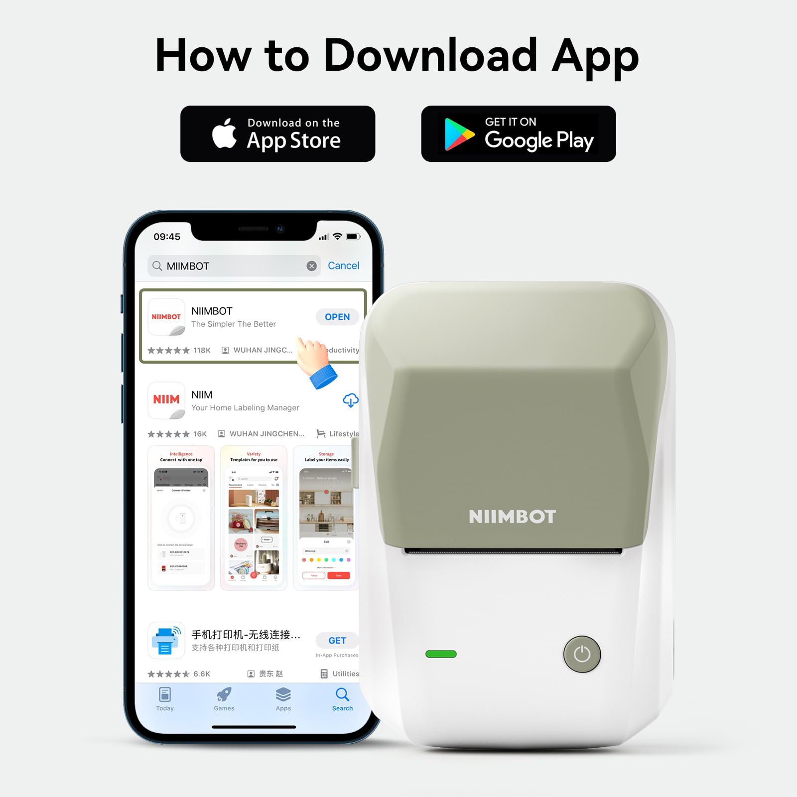 NIIMBOT Stampante per etichette B1 con 1 rotolo di nastro di avviamento, stampante per etichette Bluetooth, dimensioni di stampa 20-50mm, compatibile con iOS e Android(Vert)